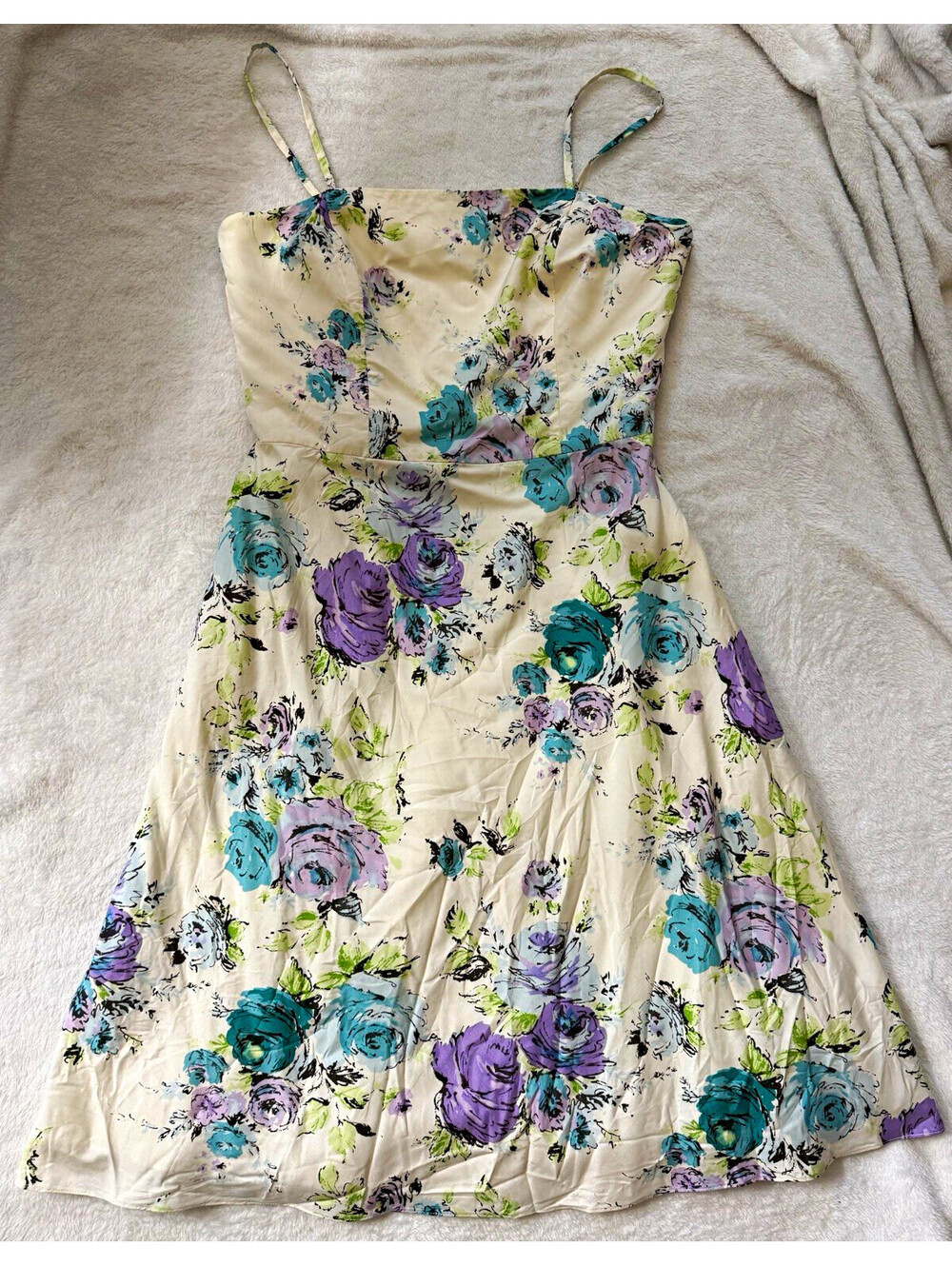 Ann Taylor Silk Satin Floral A-Line Strappy Dress Lined Zip Ivory 4